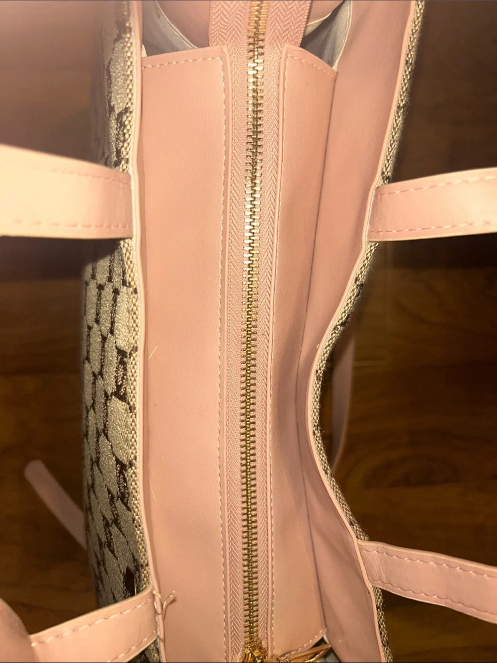 bebe Brown Patterned Tote with Pink Trim and Strap